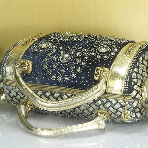 Denim Duffle Bag with Gold & Silver Accents