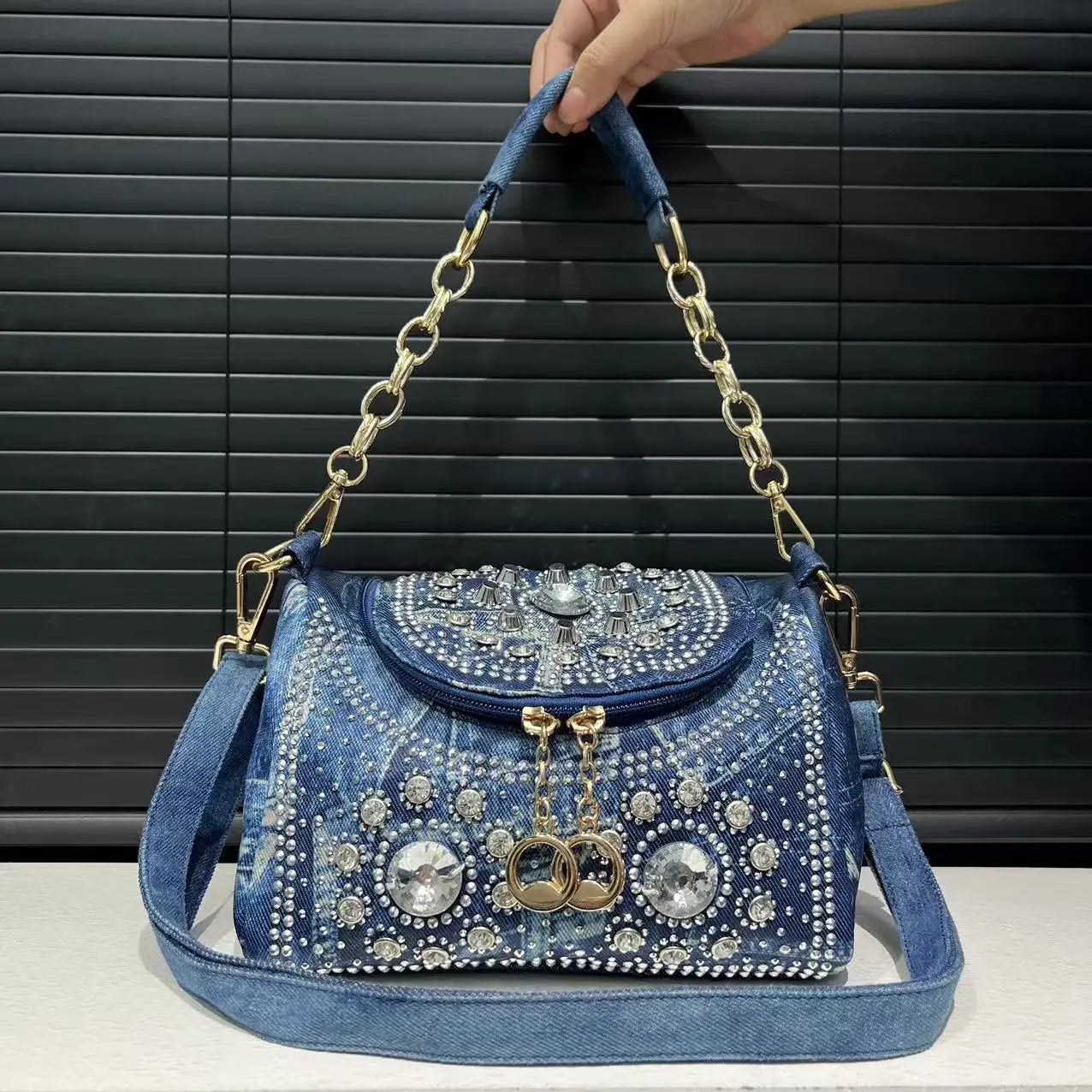 Glam Denim Crystal Crossbody Bag