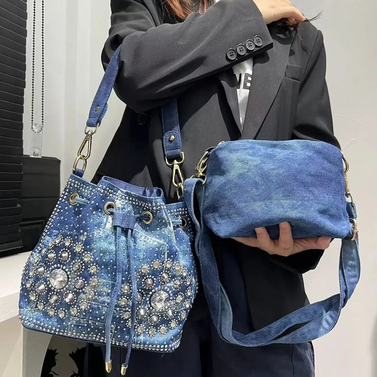 Denim Bucket Crossbody Bag Set