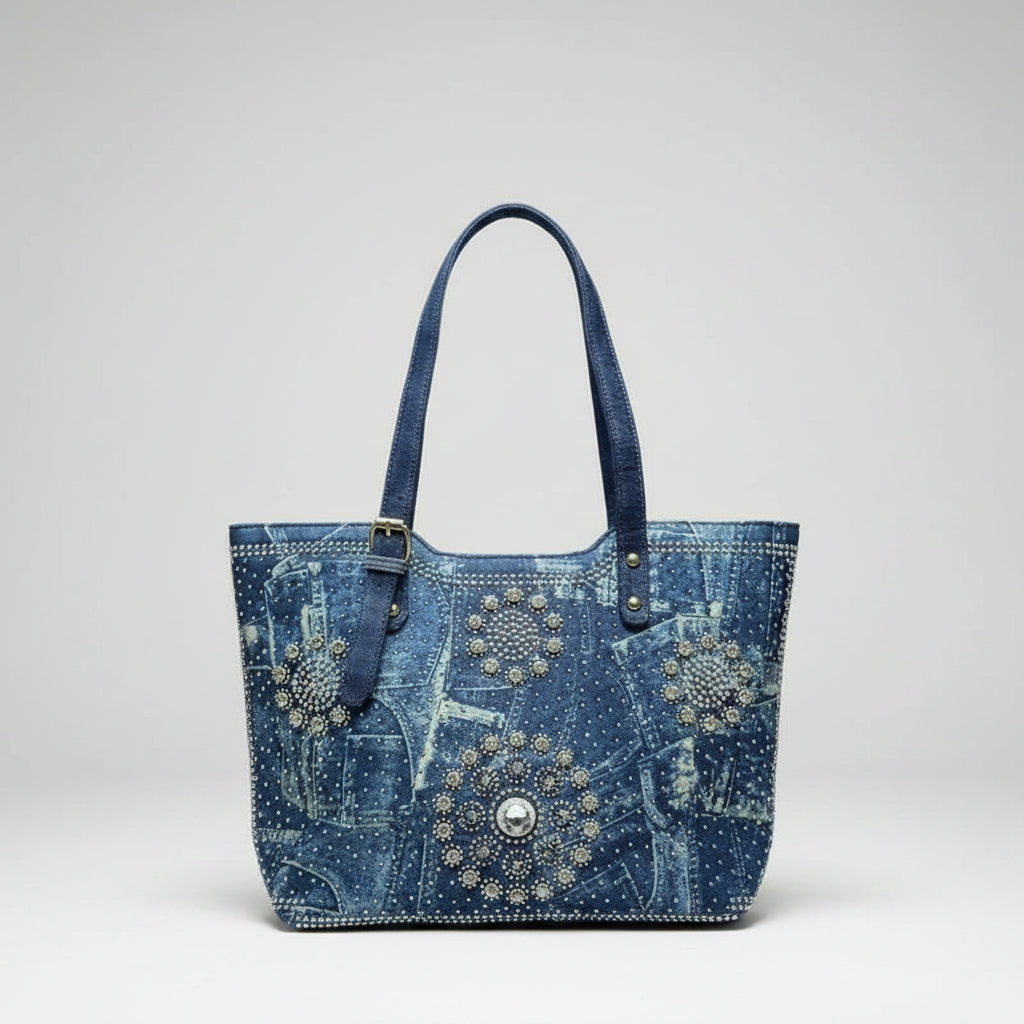 Blue denim handbag with rhinestone embellishments held by a person against a neutral background