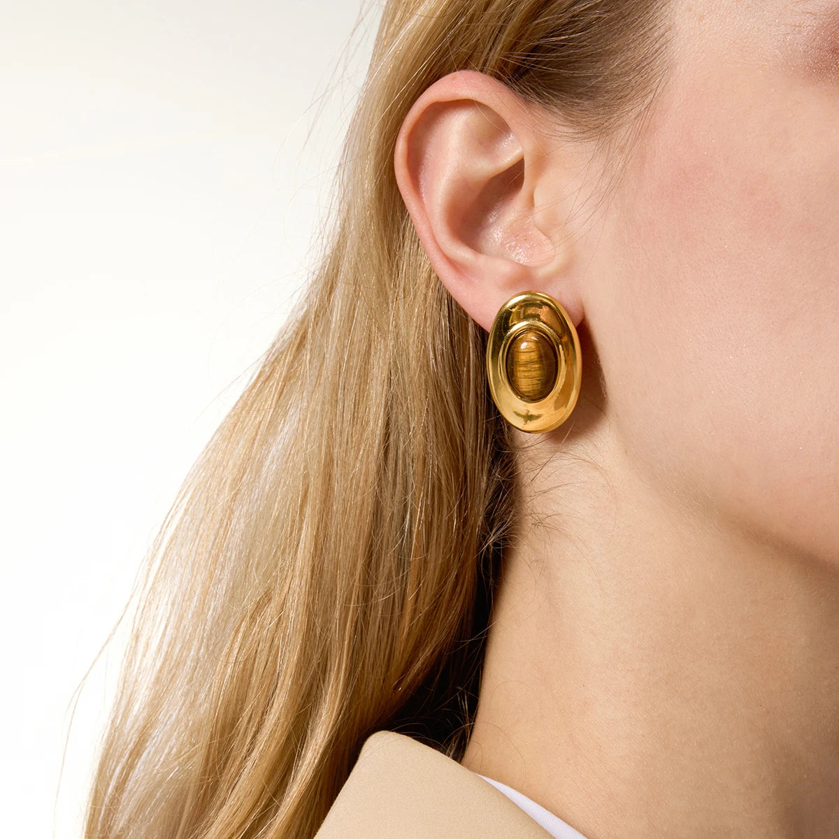 Gold Oval Tiger’s Eye Earrings