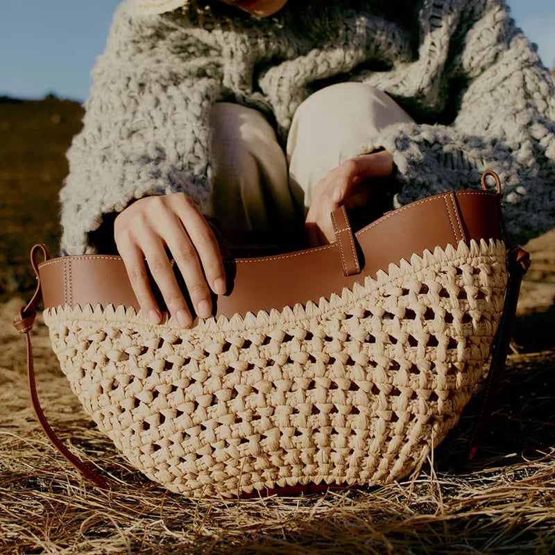 Bohemian Rattan Crossbody Tote Bag