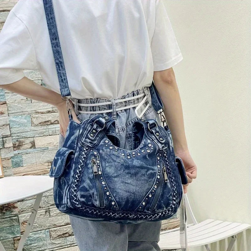 Denim Rivet Shoulder Bag