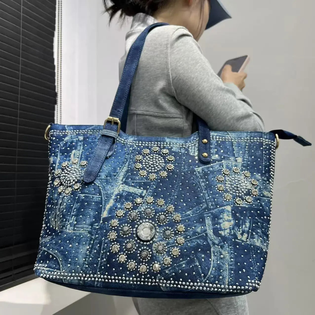 Denim Crystal Embellished Shoulder Tote