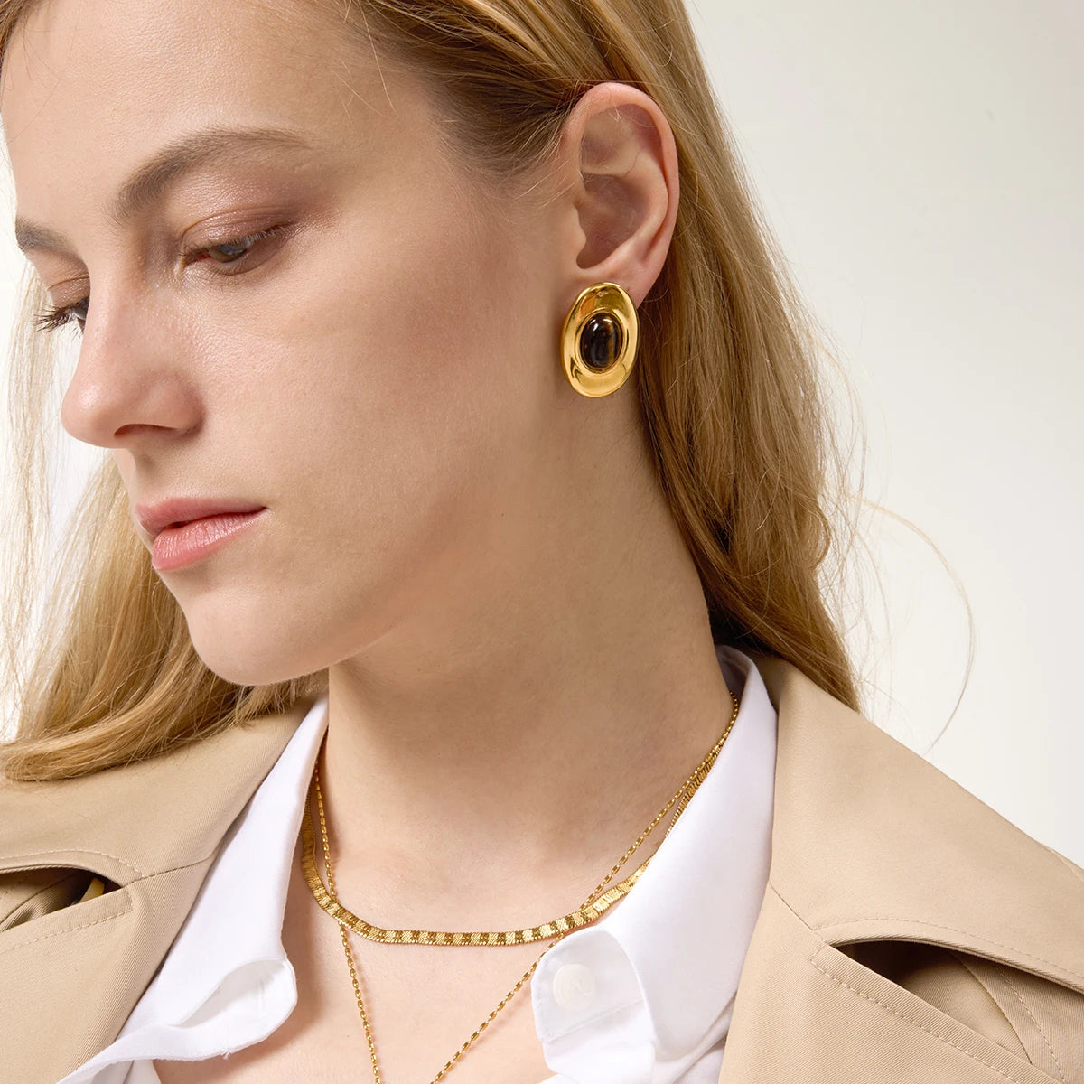 Gold Oval Tiger’s Eye Earrings