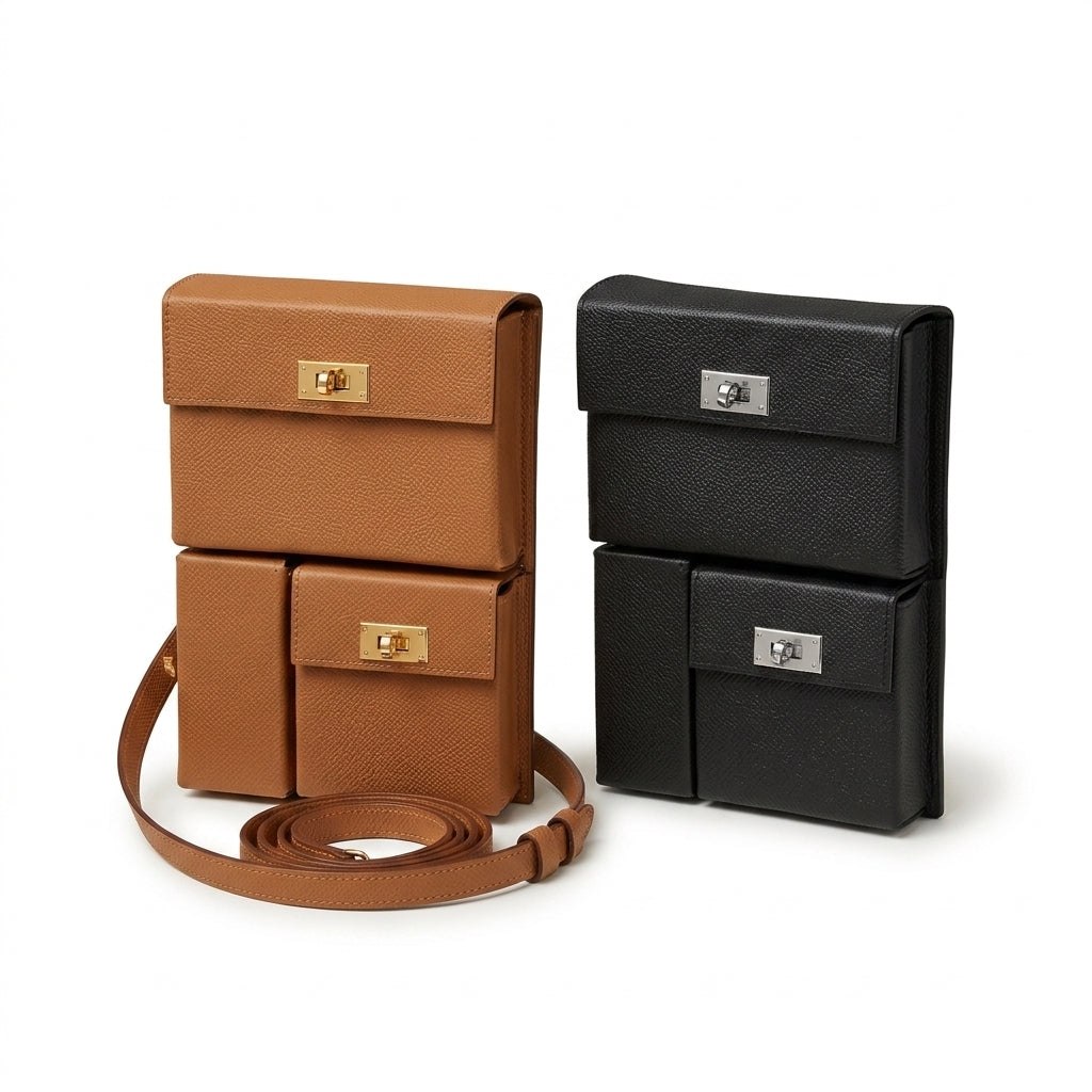 Two stacked leather pouches with a front clasp closure, shown on a white background: one in tan with a gold-tone clasp and matching strap, and one in black with a silver-tone clasp.
