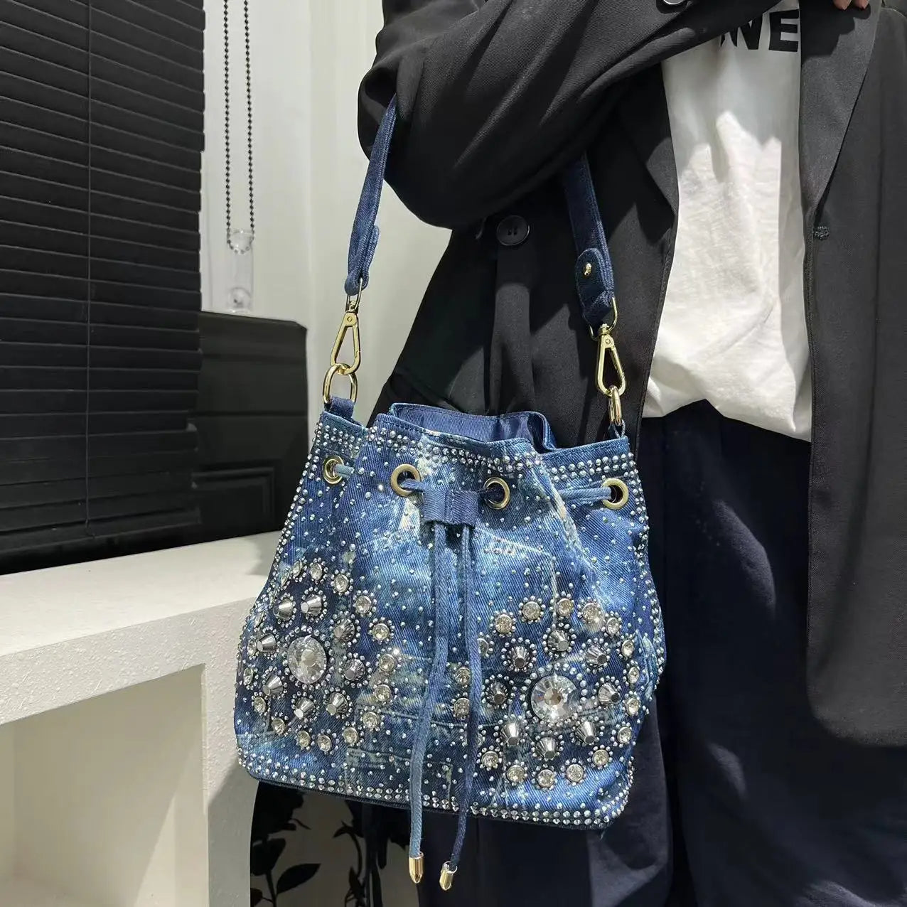 Denim Bucket Crossbody Bag Set