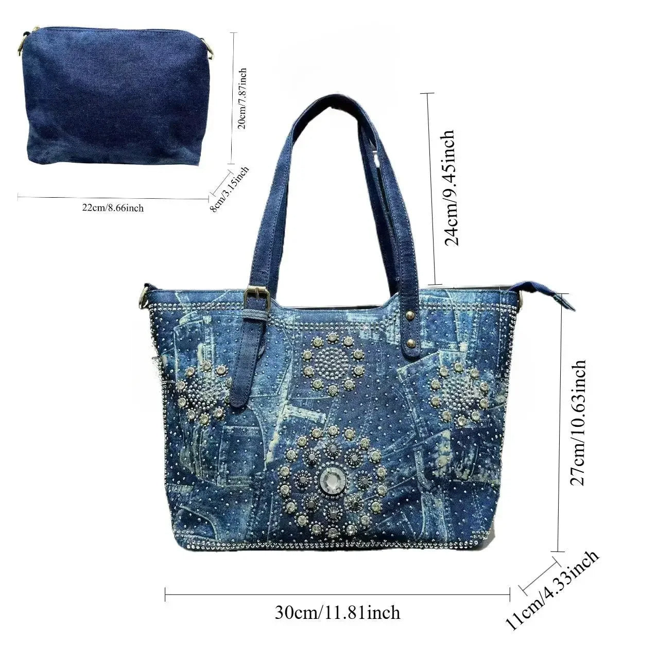 Denim Crystal Embellished Shoulder Tote