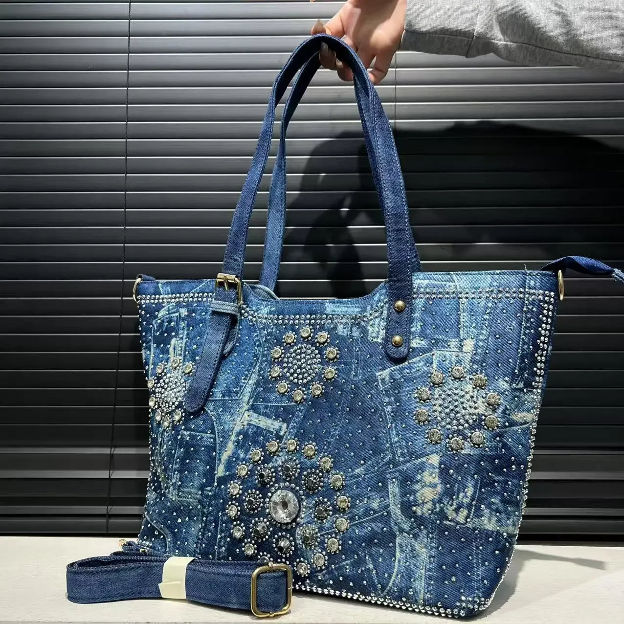 Denim Crystal Embellished Shoulder Tote