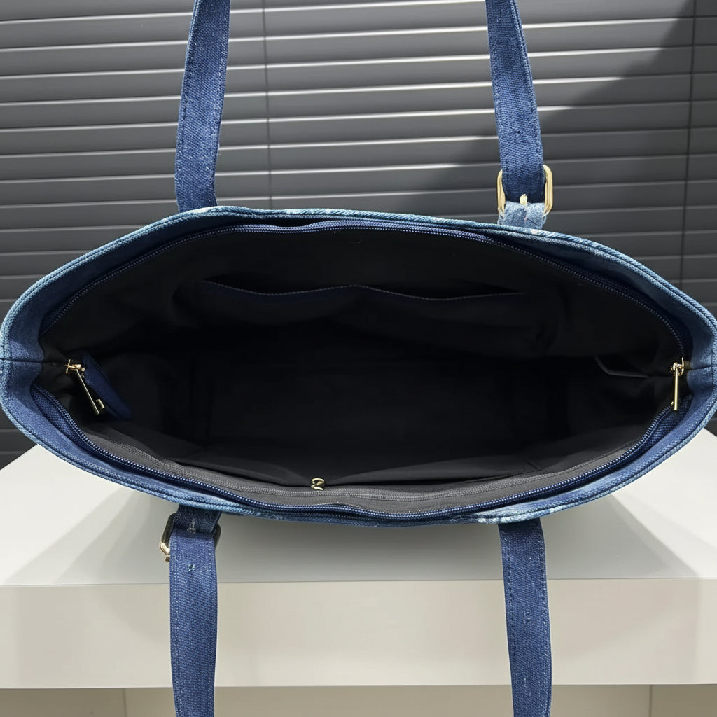 Denim Crystal Embellished Shoulder Tote