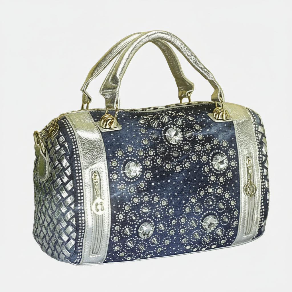 Denim Duffle Bag with Gold & Silver Accents