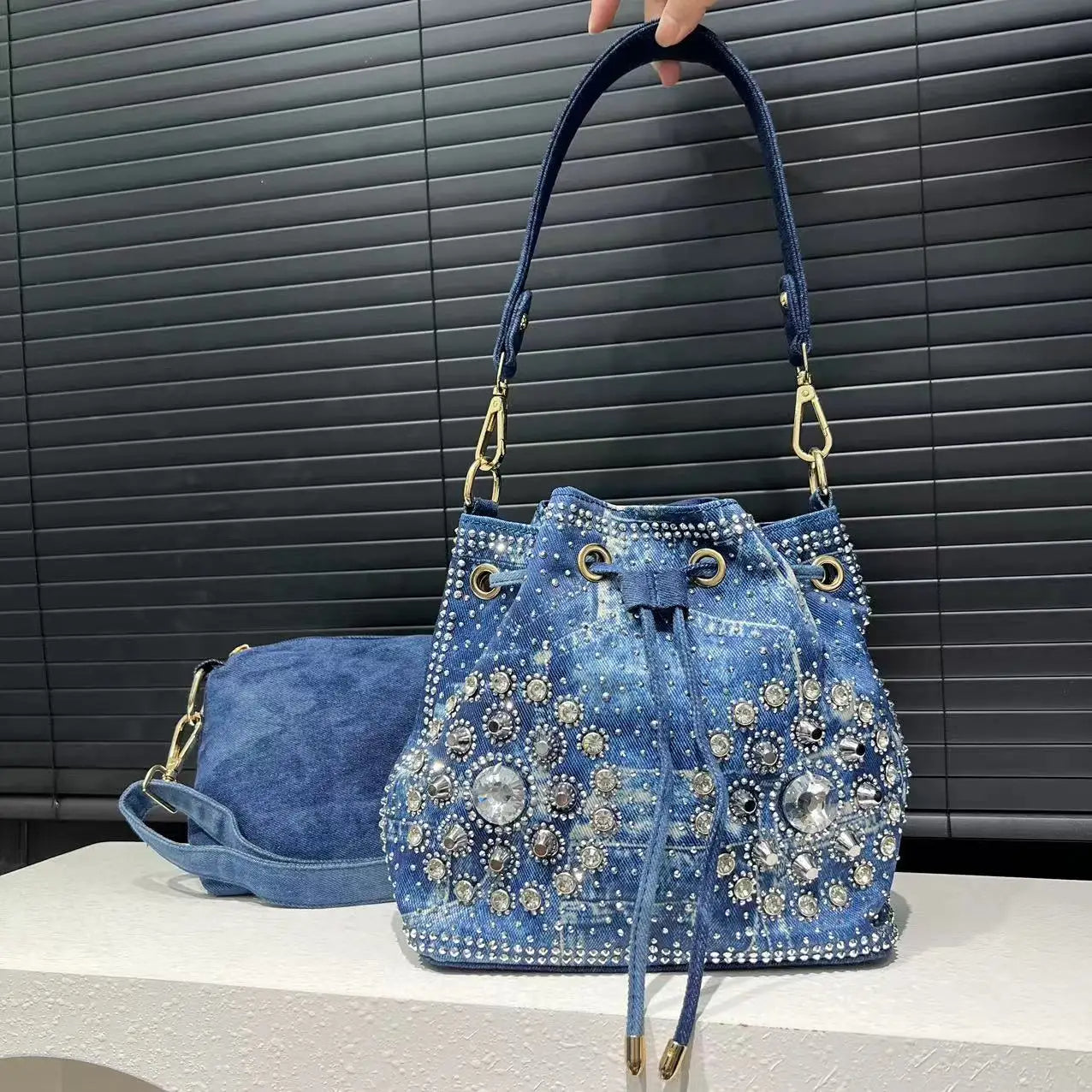 Denim Bucket Crossbody Bag Set