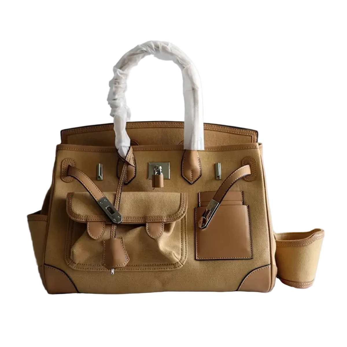 Beige handbag with white handle on a light gray background