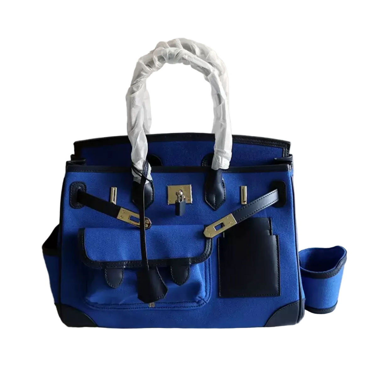Blue handbag with black accents on a white background