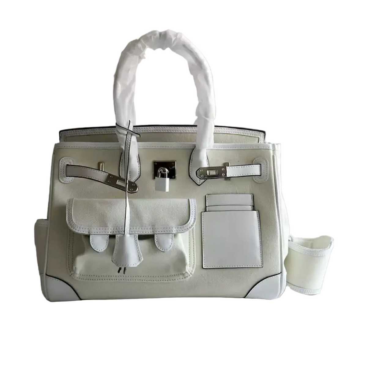 White handbag with a matching pouch on a light gray background