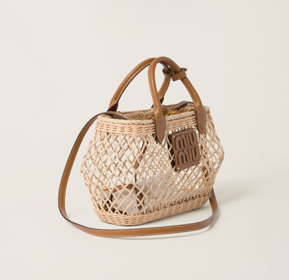 Woven handbag with leather trim