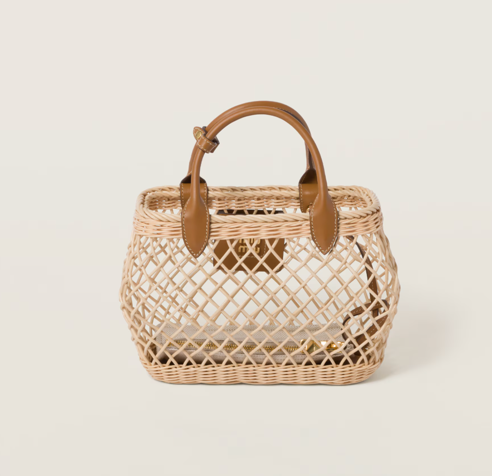 Woven handbag with leather trim
