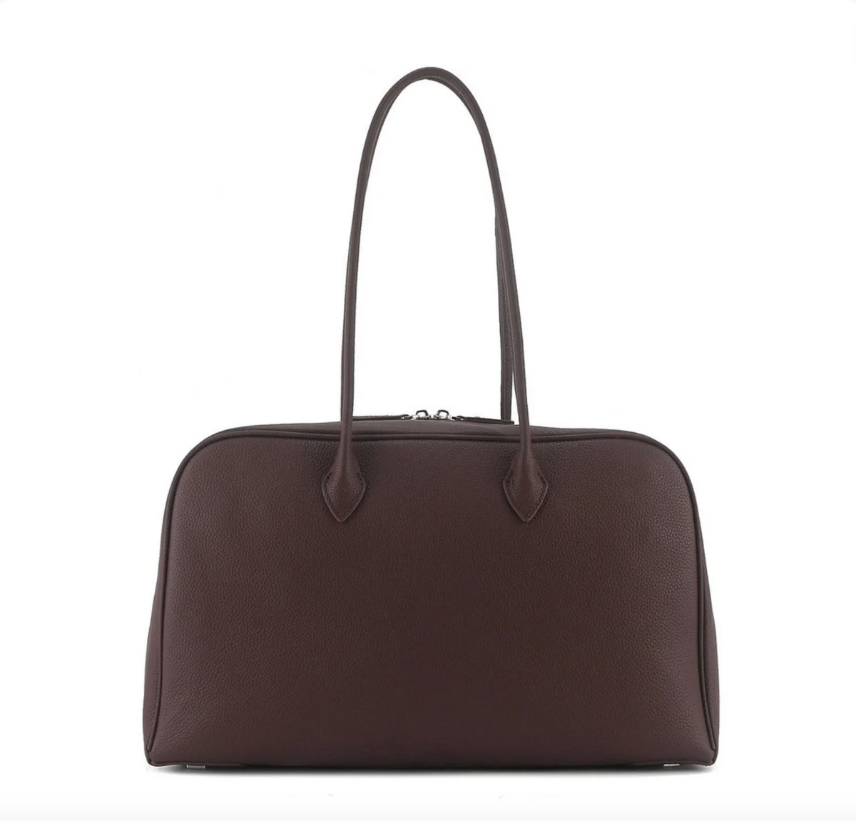 A dark brown pebbled leather handbag with dual top handles, shown from the front against a plain white background.