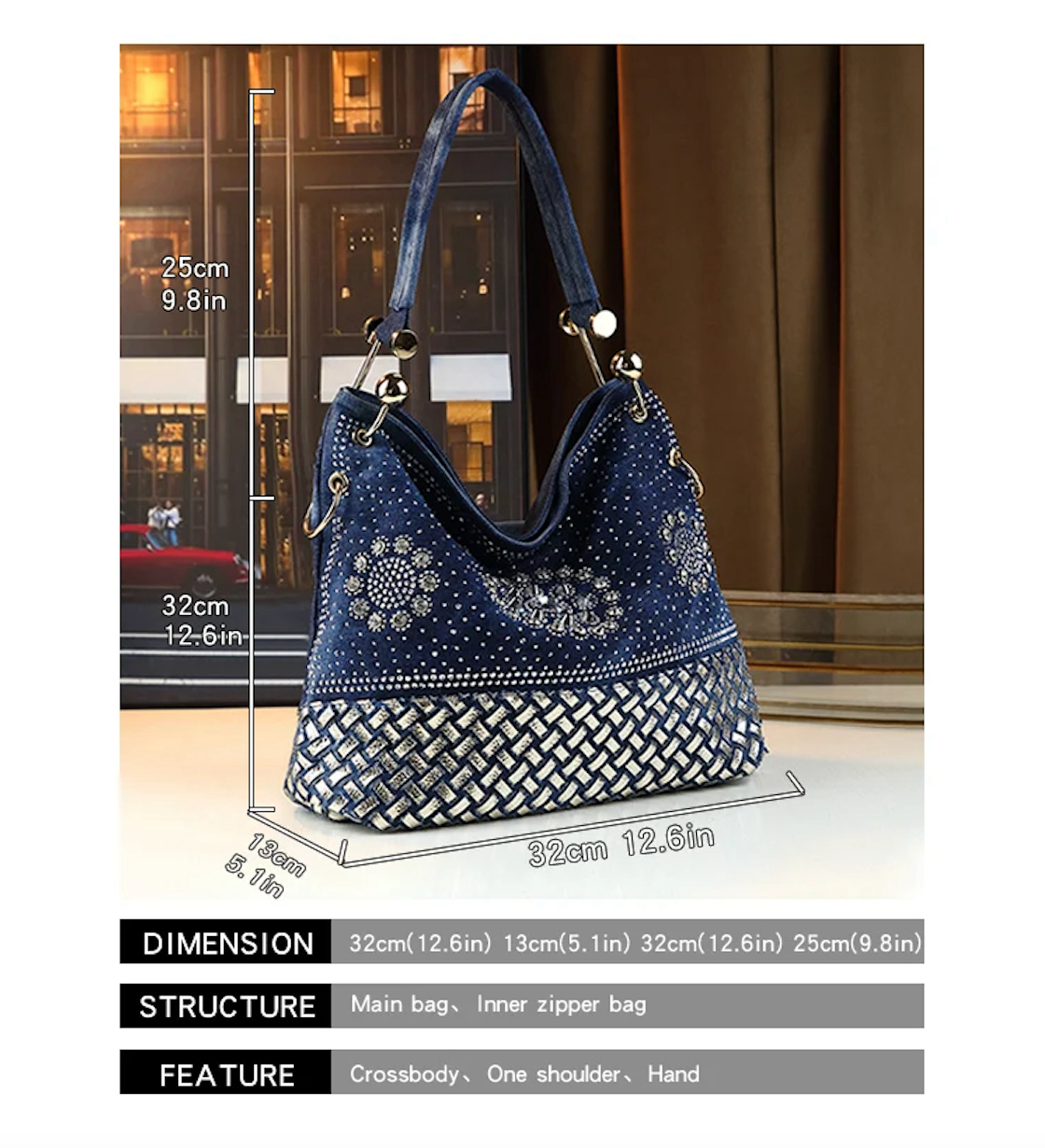 Denim Crystal Handbag – 3-in-1 Functionality