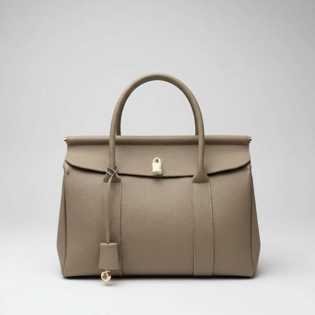 A black leather tote bag with a structured design, featuring a handheld strap and a removable padlock.