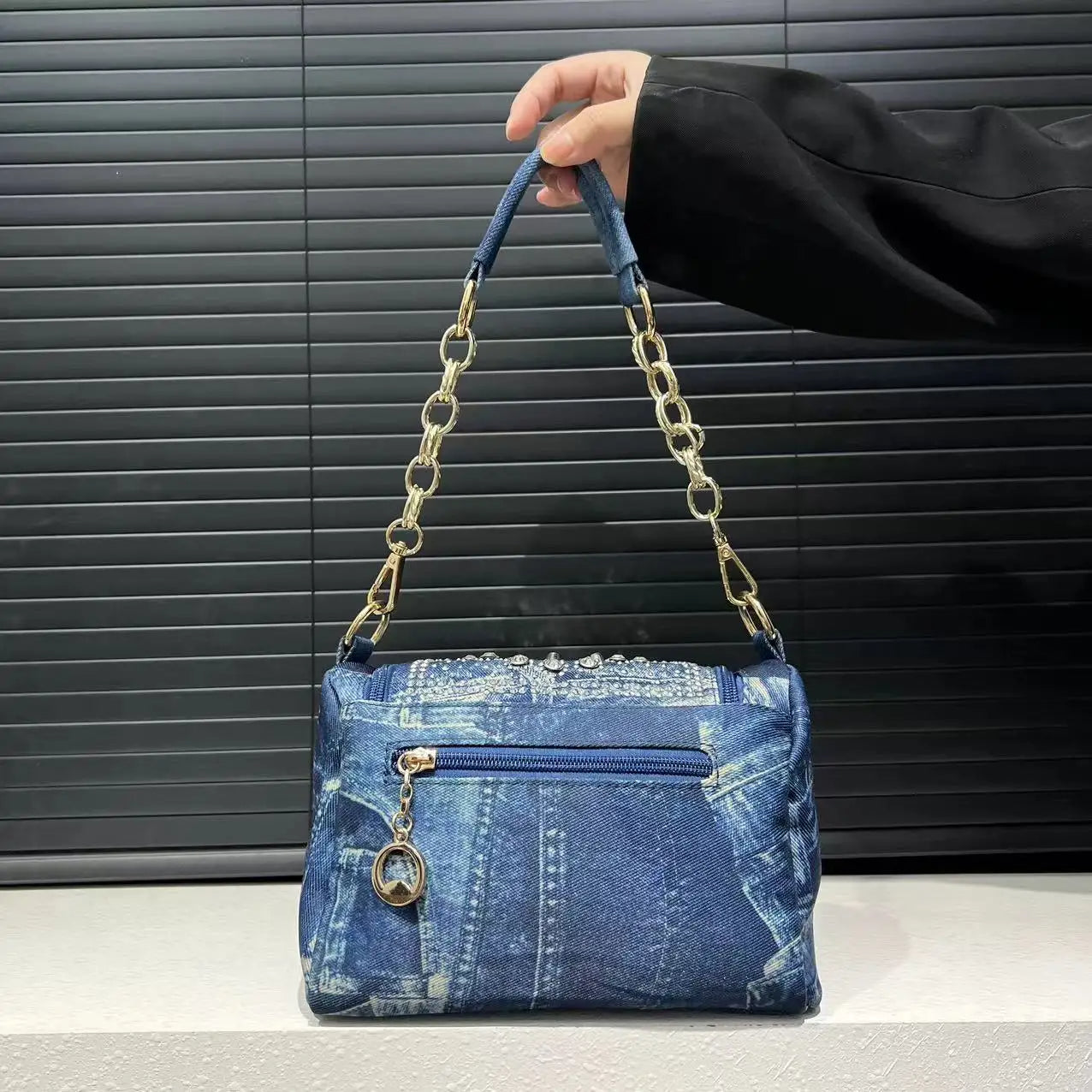 Glam Denim Crystal Crossbody Bag