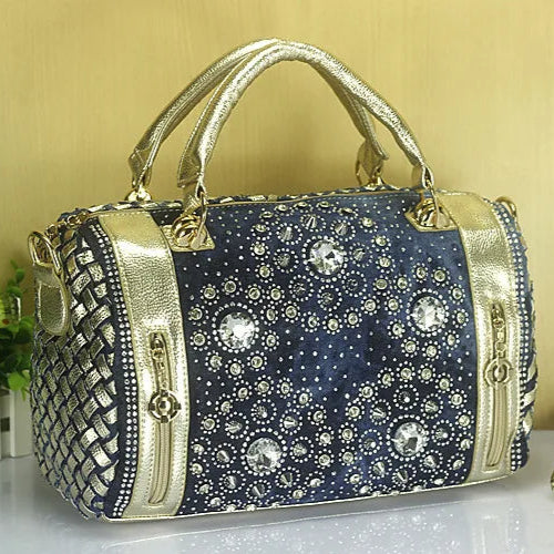 Denim Duffle Bag with Gold & Silver Accents