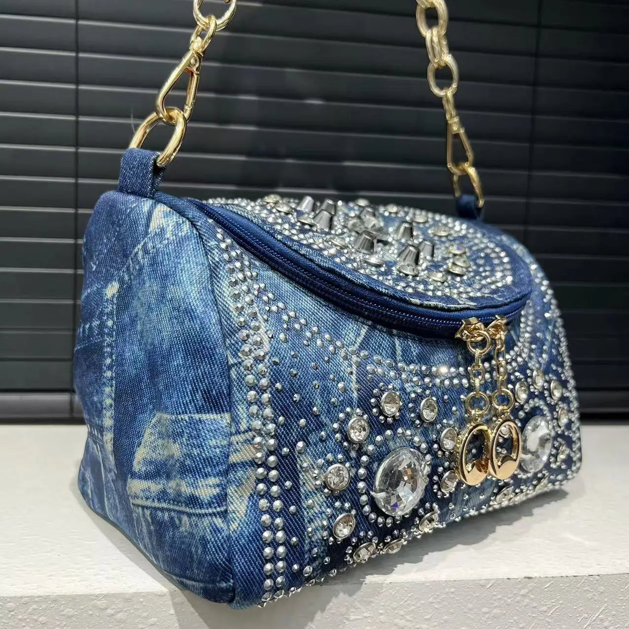 Glam Denim Crystal Crossbody Bag