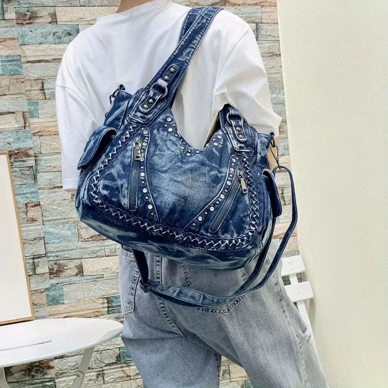 Denim Rivet Shoulder Bag