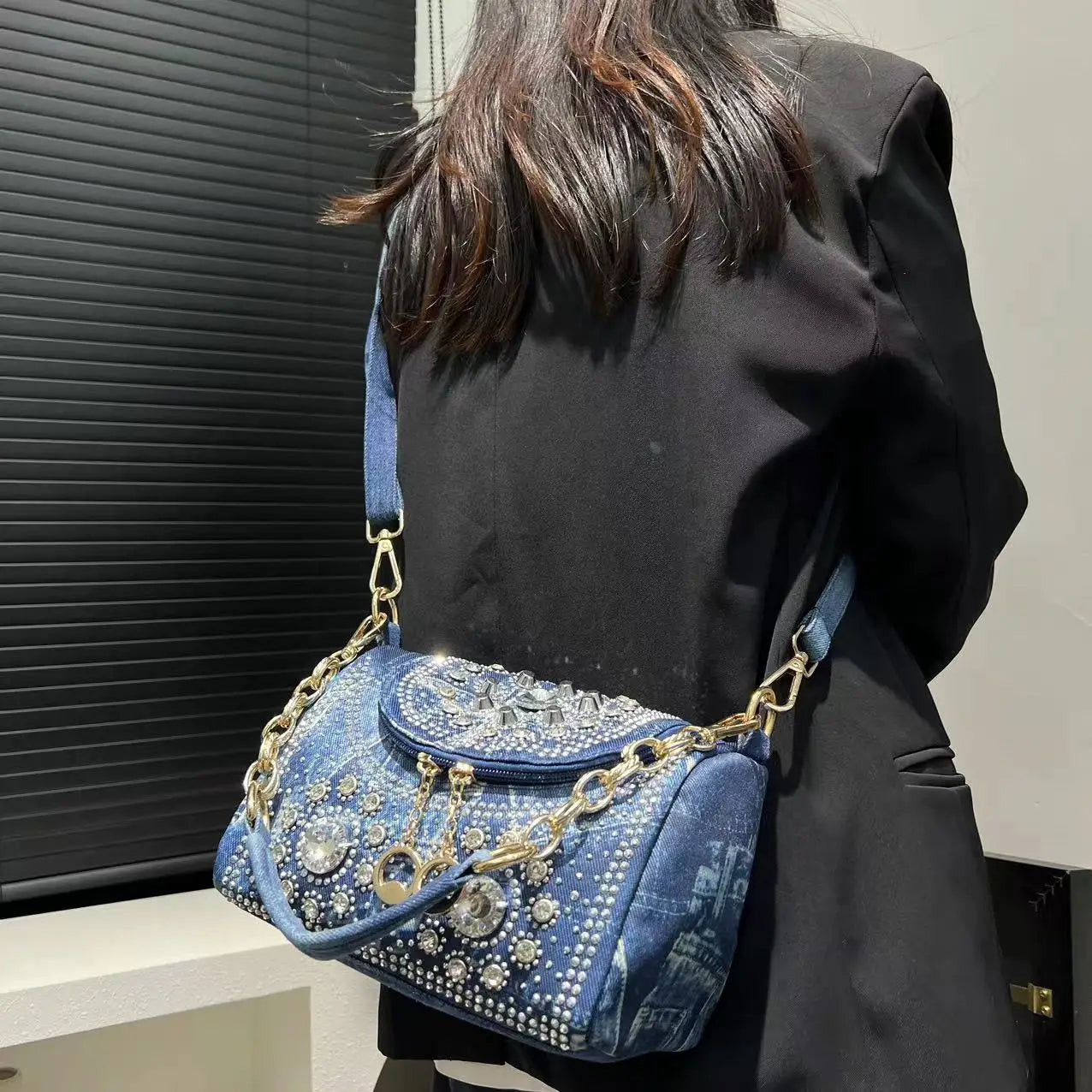 Glam Denim Crystal Crossbody Bag