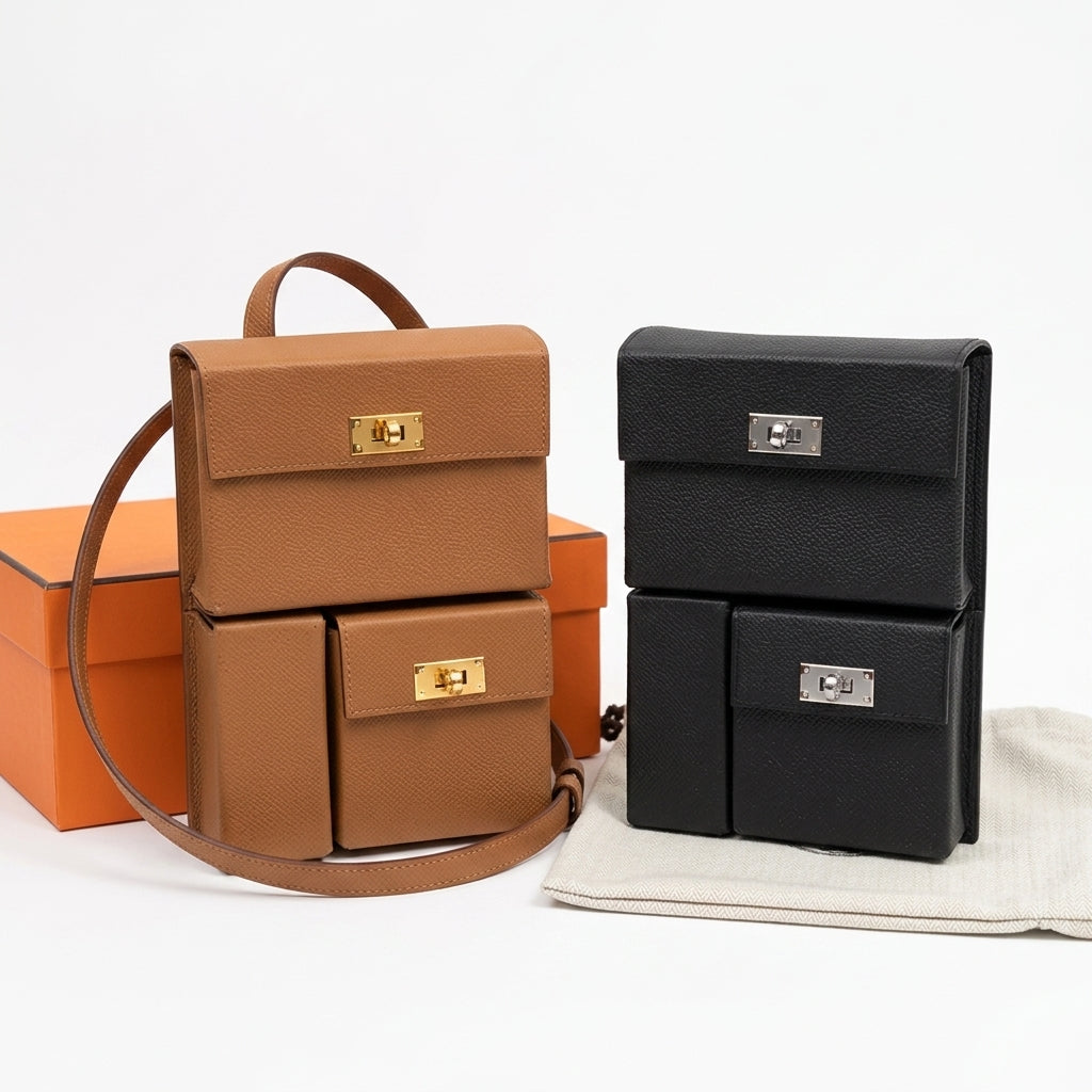 Two stacked leather pouches or small backpacks shown side by side on a white studio background, with an orange box behind the tan version and a light beige dust bag under the black version. The tan bag has a gold-tone front clasp and strap, while the black bag has a silver-tone front clasp.