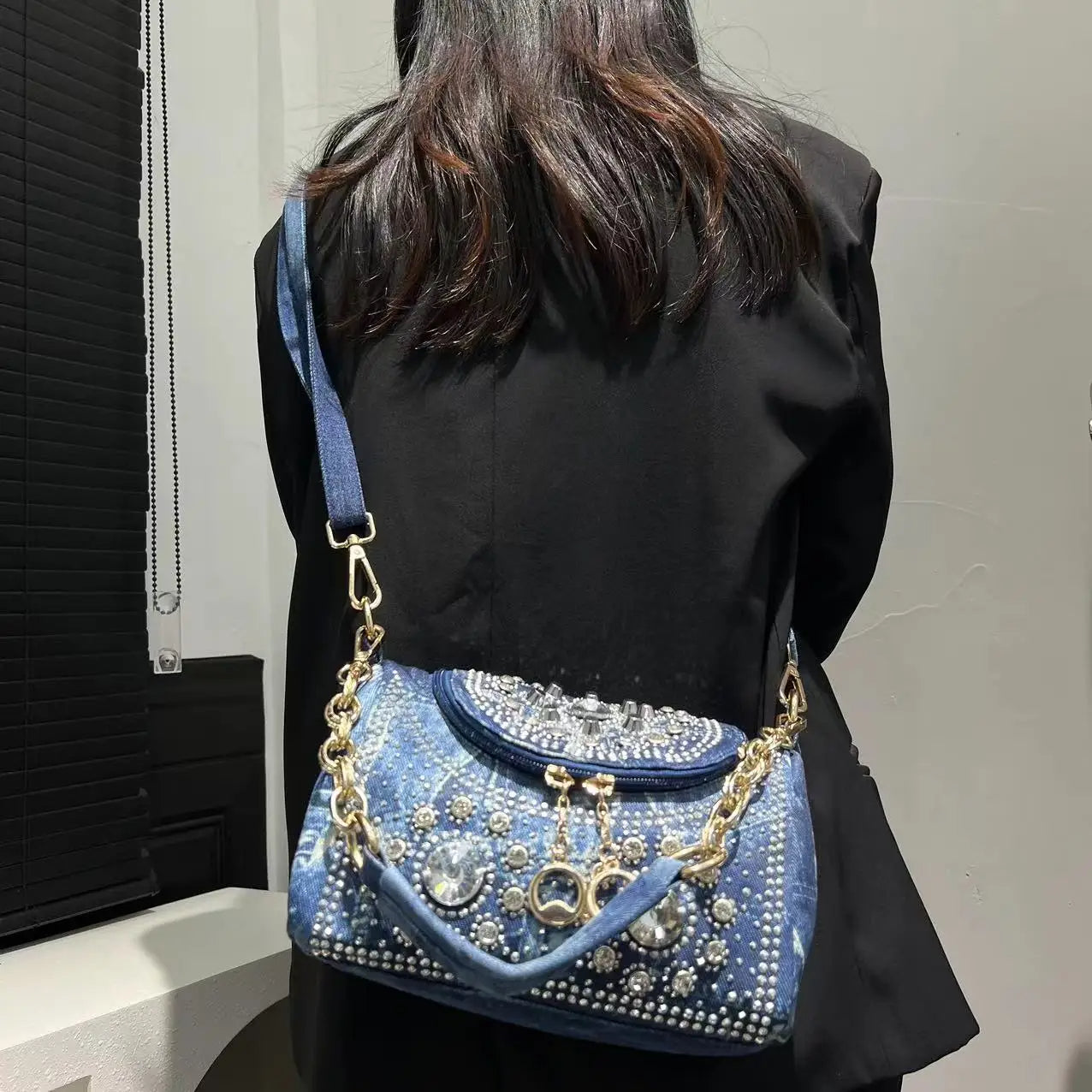 Glam Denim Crystal Crossbody Bag