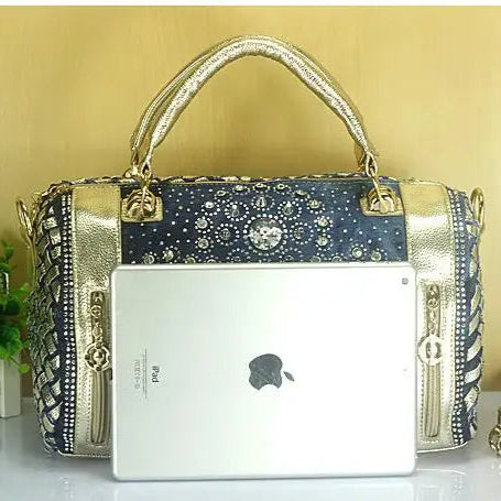 Denim Duffle Bag with Gold & Silver Accents