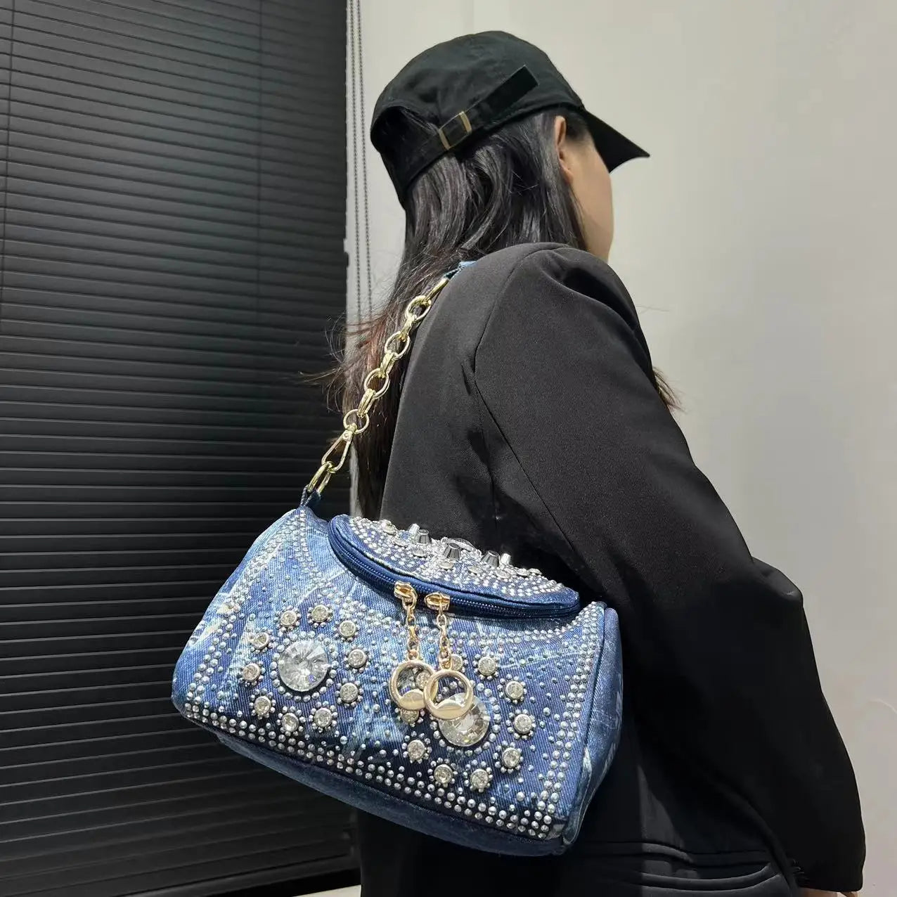 Glam Denim Crystal Crossbody Bag