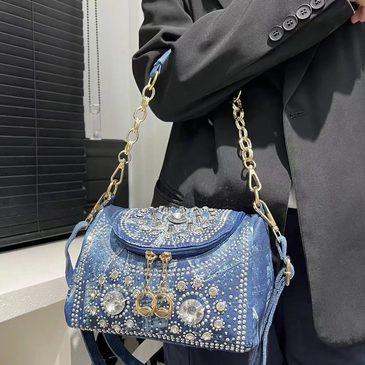 Glam Denim Crystal Crossbody Bag