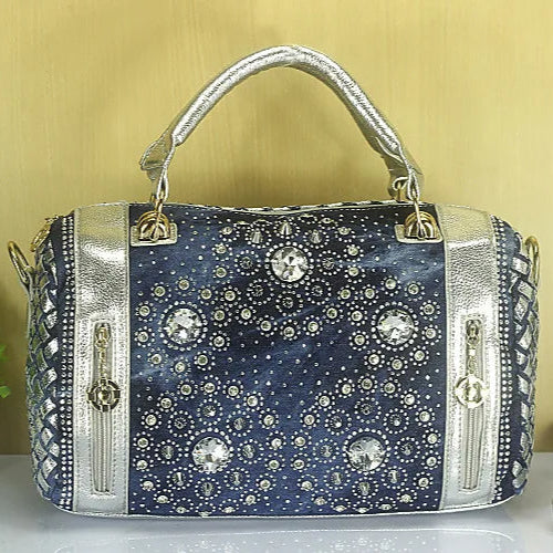 Denim Duffle Bag with Gold & Silver Accents