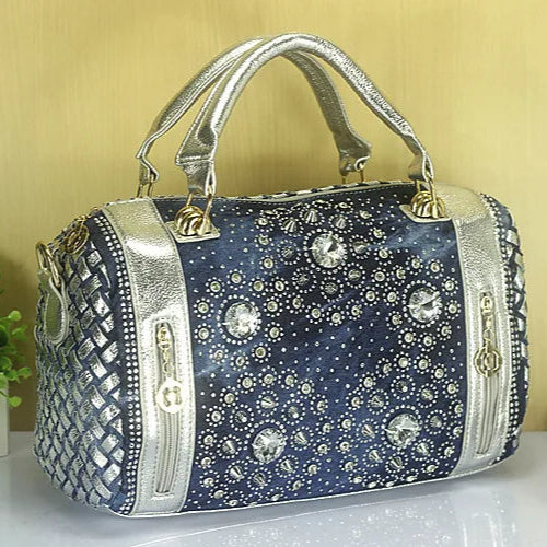 Denim Duffle Bag with Gold & Silver Accents