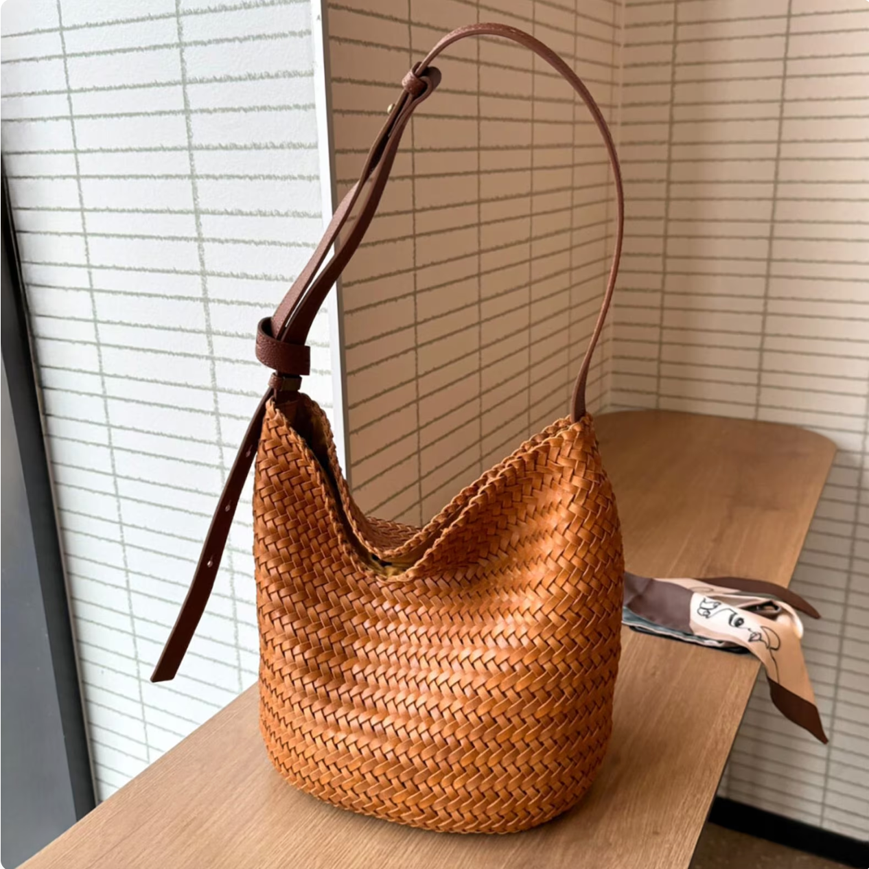 Woven Veg-Tan Leather Shoulder Bag