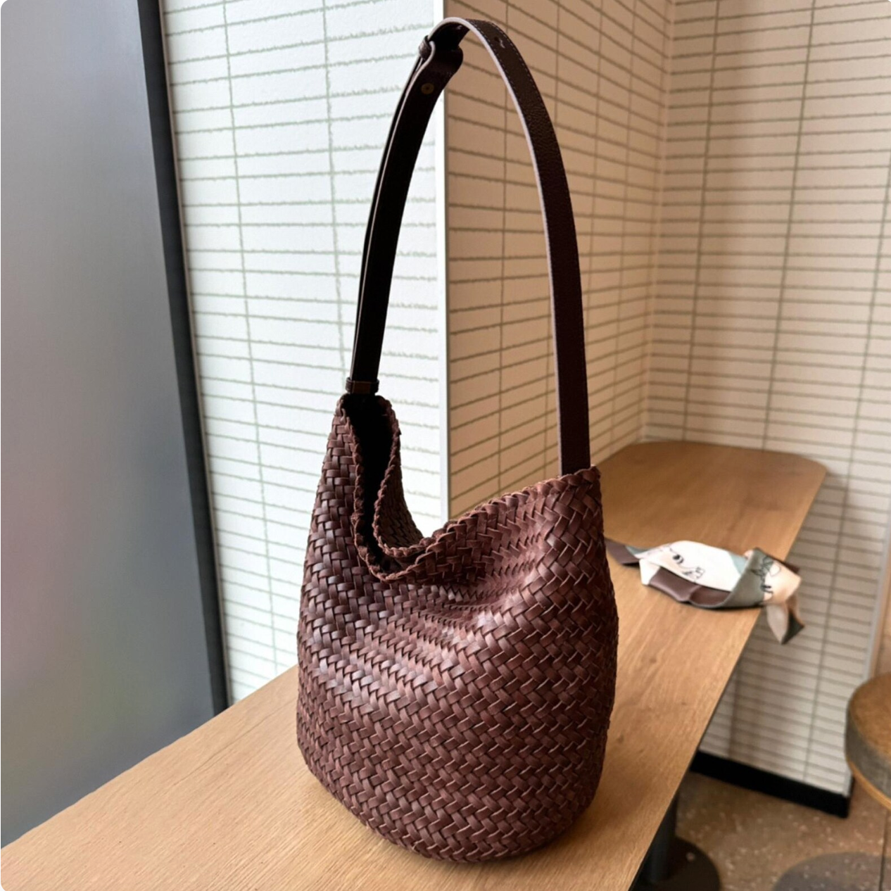 Woven Veg-Tan Leather Shoulder Bag