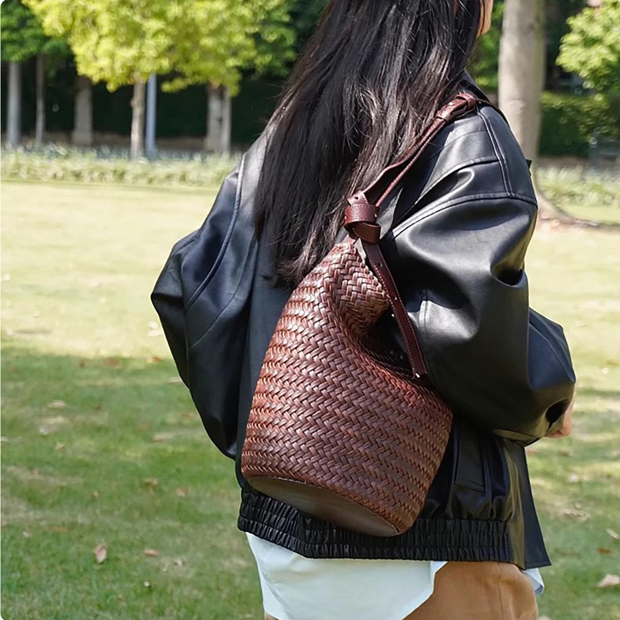 Woven Veg-Tan Leather Shoulder Bag