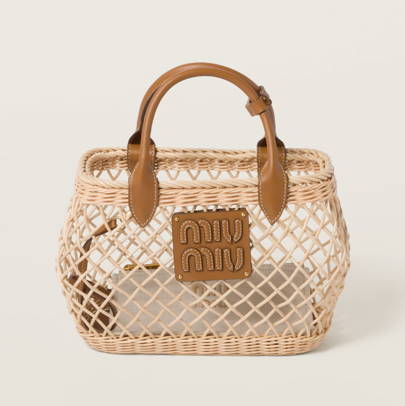 Woven handbag with leather trim