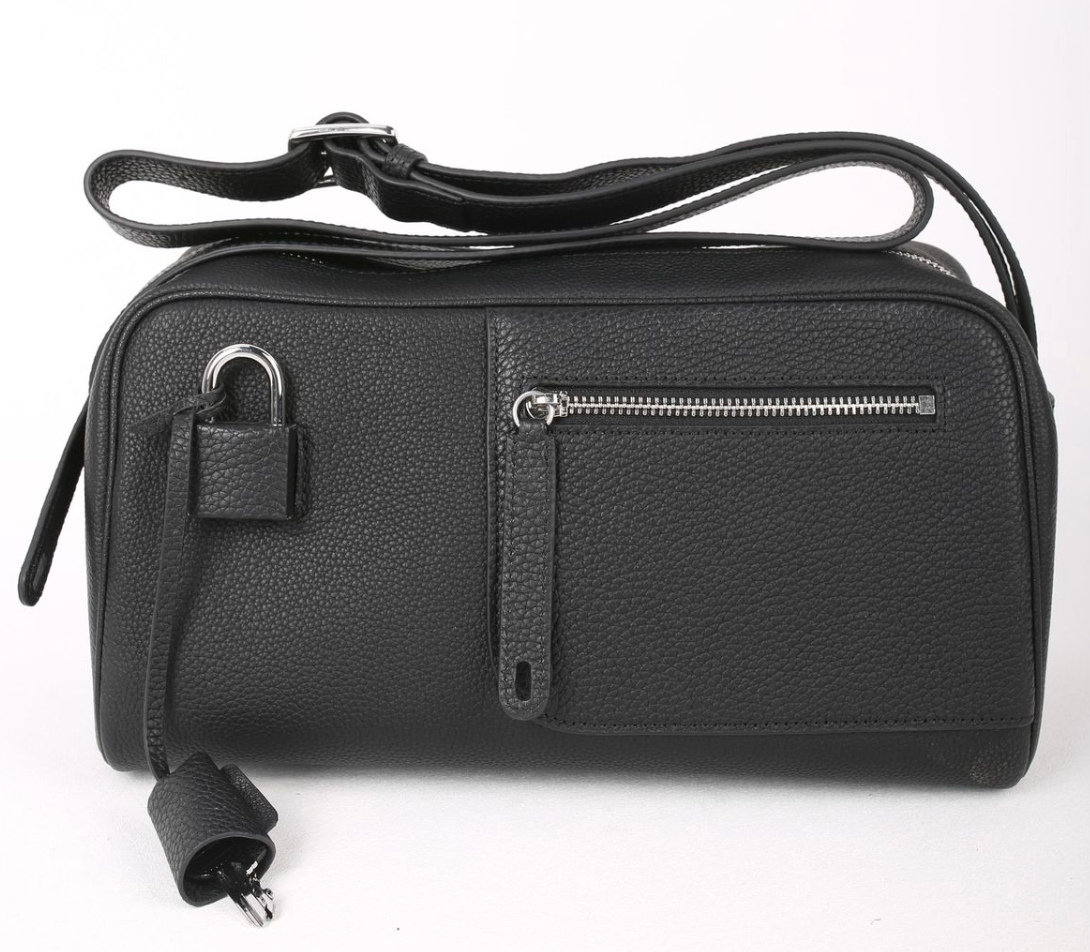 Black leather crossbody bag with a strap on a white background