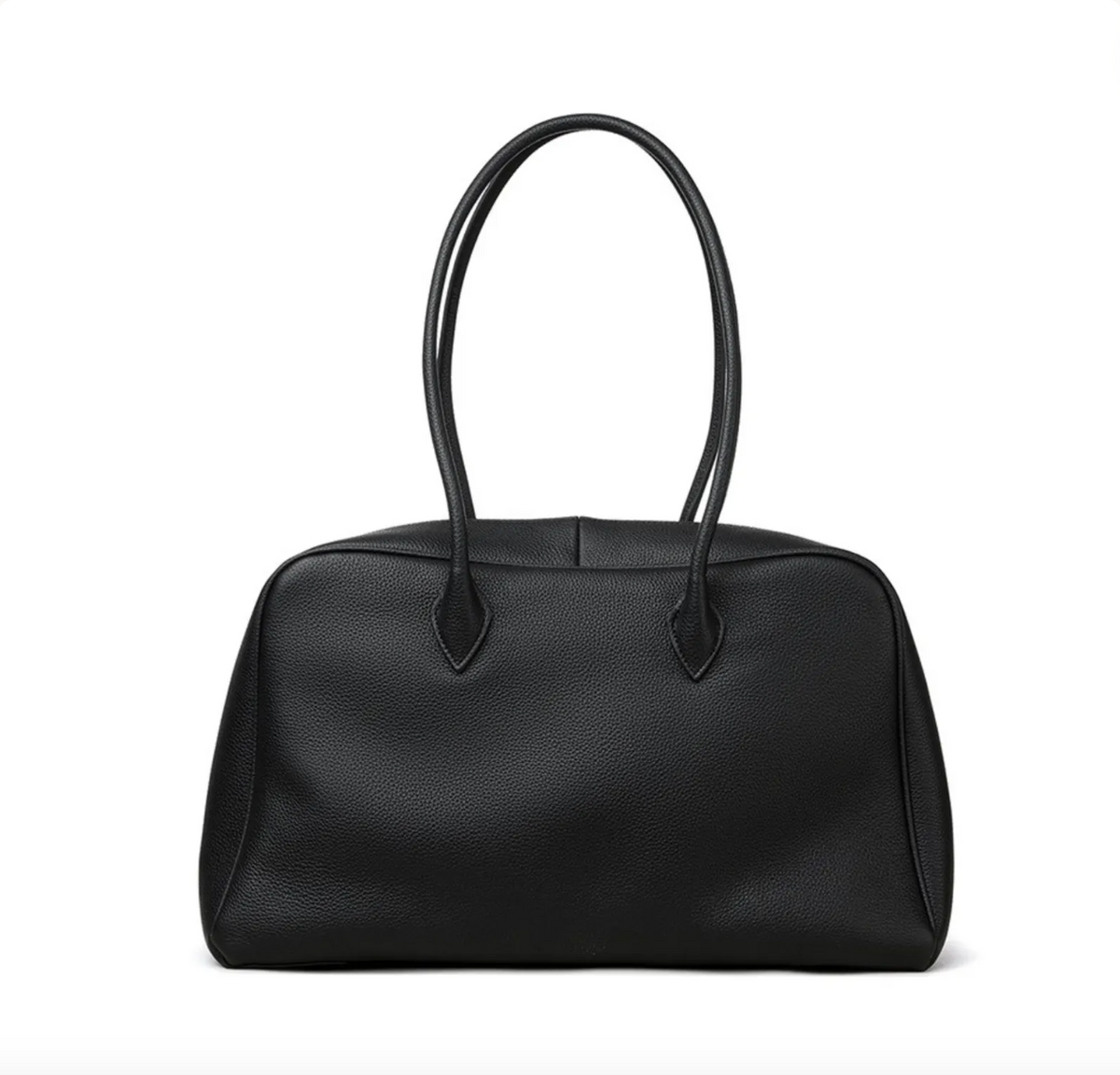 A black pebbled leather handbag with double top handles, photographed against a clean white background.