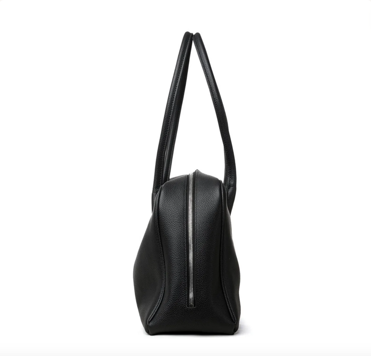 A black pebbled leather shoulder bag with a vertical zipper detail, shown from the side profile against a plain white background.