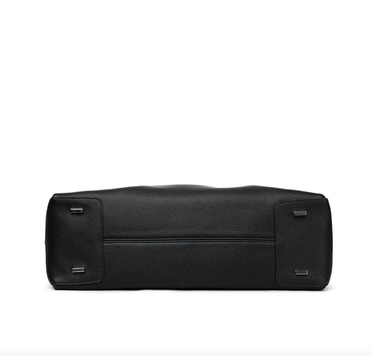 Black pebbled leather tote bag shown from the bottom view, featuring silver-tone metal hardware on a plain white background.