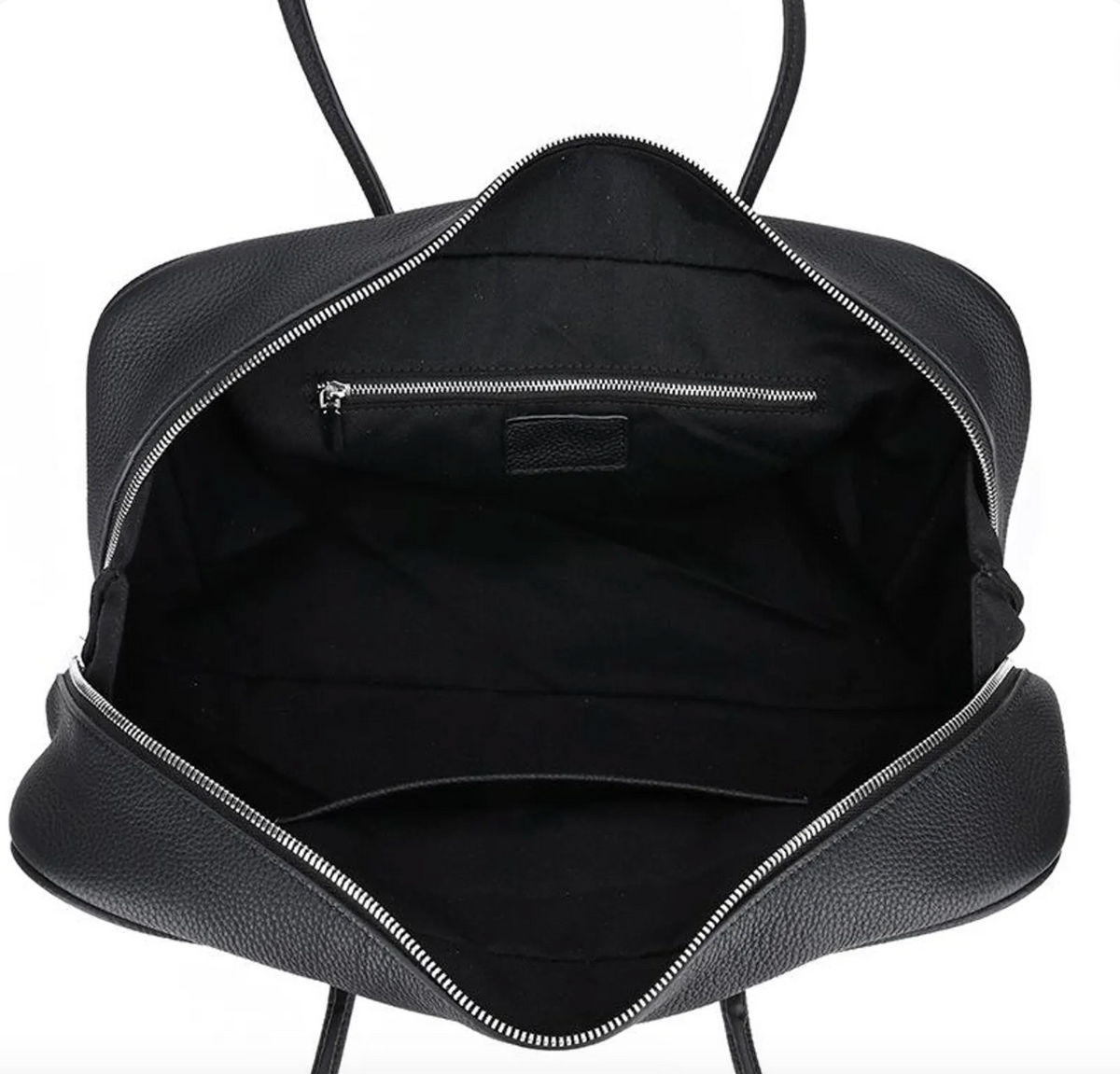 Black pebbled leather handbag shown open from the front, revealing a black fabric interior with a zippered pocket and silver-tone zipper hardware on a white background.
