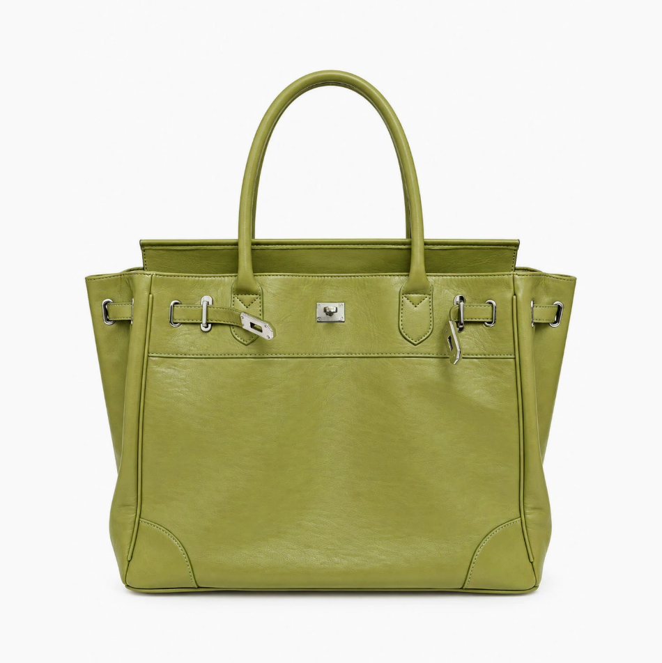 VENE Iconic Bag in green leather with turn-lock and side straps