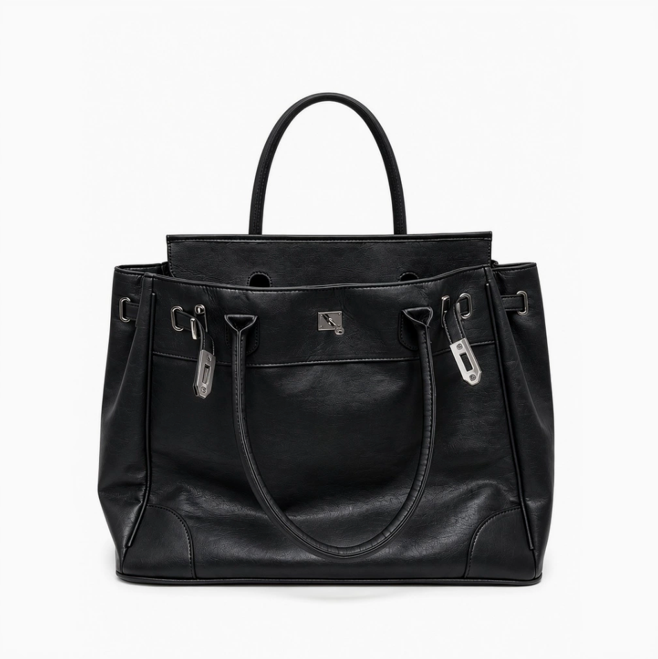 VENE Iconic Bag in black genuine leather, front view