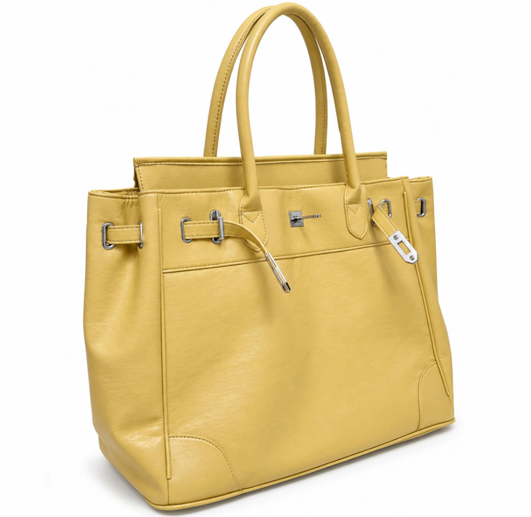 VENE Iconic Bag in yellow leather, three-quarter side view