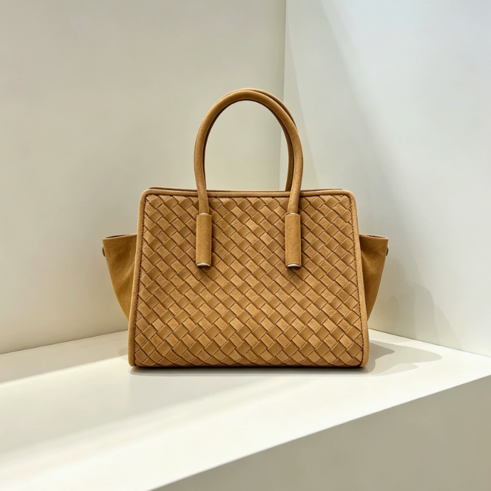 A structured tan woven leather handbag with two top handles, displayed on a white platform against a clean white background.