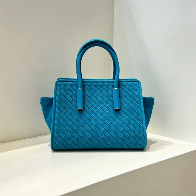 A bright turquoise blue woven leather handbag with top handles, displayed on a white platform against a neutral light gray background.